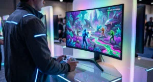 Joueur testant un jeu vidéo aux couleurs vives avec une manette dans un salon professionnel éclairé par des néons.