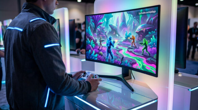 Essai de la démo Splatoon Raiders sur console Joueur testant un jeu vidéo aux couleurs vives avec une manette dans un salon professionnel éclairé par des néons.