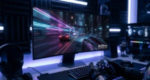 Setup gaming immersif avec écran OLED affichant une course de voitures et un temps de réponse de 0,03 ms.