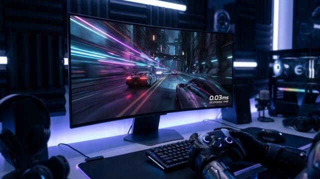 Setup gaming immersif avec écran OLED affichant une course de voitures et un temps de réponse de 0,03 ms.