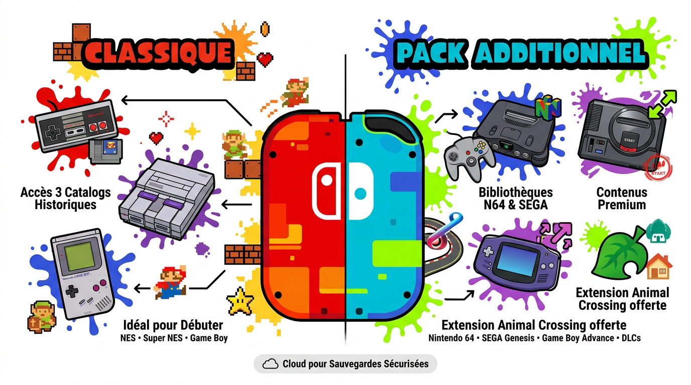 Infographie comparative des abonnements Nintendo Switch Online de base et Pack additionnel présentant les consoles incluses