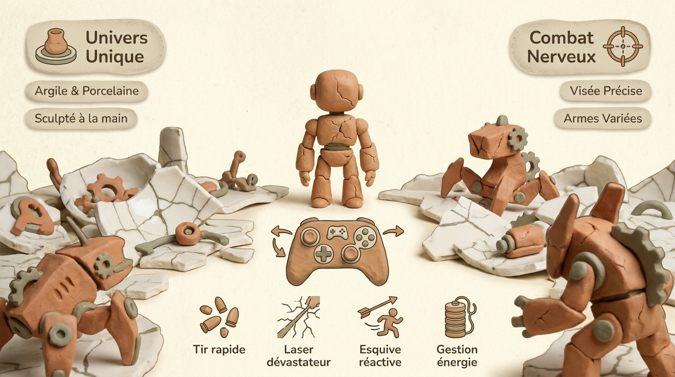 Automate en argile explorant des ruines de porcelaine dans le jeu Shards