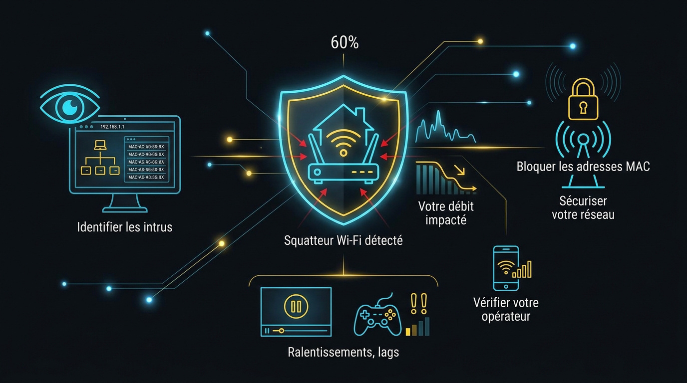 Infographie détaillant les étapes pour sécuriser un réseau Wi-Fi et bloquer les intrus