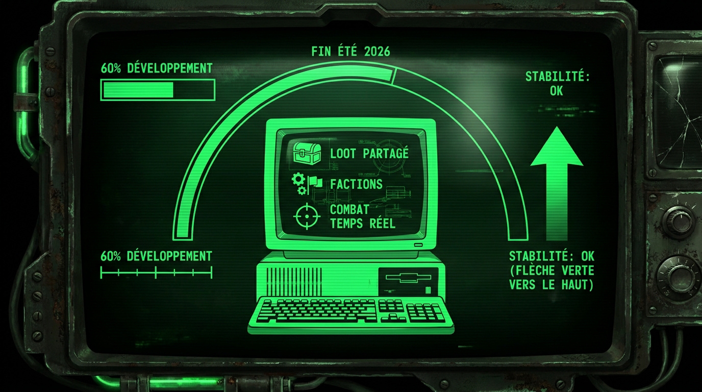 Interface Pip-Boy rétro-futuriste montrant le développement du mod New Vegas Online