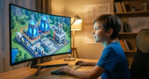 Un jeune garçon joue à Minecraft sur un grand écran incurvé, affichant une centrale nucléaire cubique détaillée.