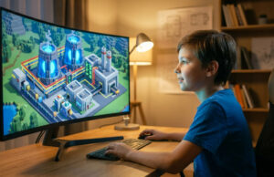 Un jeune garçon joue à Minecraft sur un grand écran incurvé, affichant une centrale nucléaire cubique détaillée.