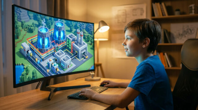 Maximilian Janisch et sa centrale Minecraft Un jeune garçon joue à Minecraft sur un grand écran incurvé, affichant une centrale nucléaire cubique détaillée.