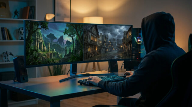 Jeux gratuits sur Steam : plongez dans l'immersion Un joueur en capuche devant un écran ultra-large affichant deux mondes fantastiques dans une chambre sombre.