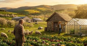 Un fermier observant son champ face à un autre homme devant une serre dans une ferme moderne et verdoyante au soleil.