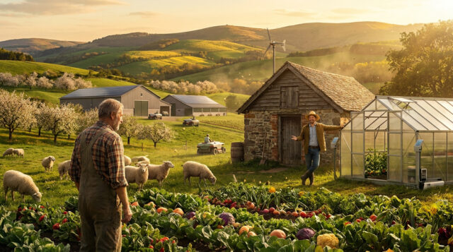 Stardew Valley : La ferme moderne ultime Un fermier observant son champ face à un autre homme devant une serre dans une ferme moderne et verdoyante au soleil.