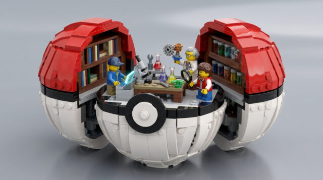 Un set LEGO représentant un laboratoire scientifique à l'intérieur d'une Pokéball ouverte avec trois figurines.