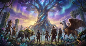 Un groupe d'aventuriers et leurs créatures devant un arbre cosmique brillant sous des aurores boréales.