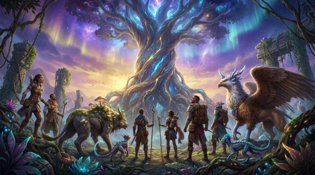 Un groupe d'aventuriers et leurs créatures devant un arbre cosmique brillant sous des aurores boréales.
