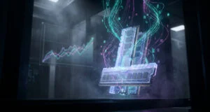 Modules de mémoire vive DRAM flottant dans un environnement technologique futuriste avec des graphiques en arrière-plan.