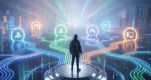 Une personne debout sur une plateforme face à des icônes holographiques représentant différentes plateformes de jeu.