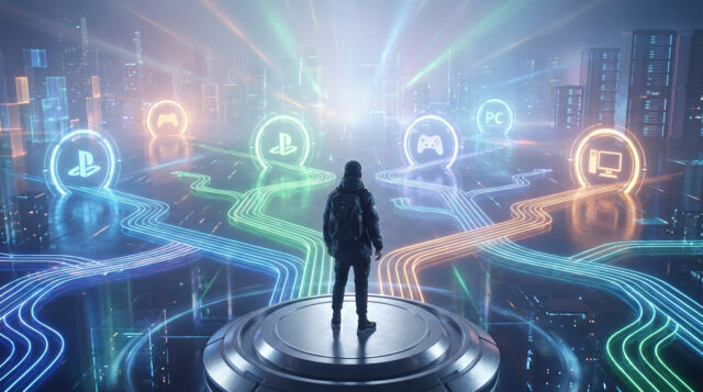 L'avenir du gaming et la stratégie de Valve Une personne debout sur une plateforme face à des icônes holographiques représentant différentes plateformes de jeu.