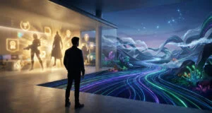 Un homme regarde à travers une baie vitrée vers un paysage onirique mêlant silhouettes numériques et nature futuriste.