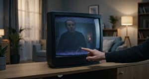 Une main pointe un écran de télévision cathodique affichant de la neige statique et le reflet d'un homme.