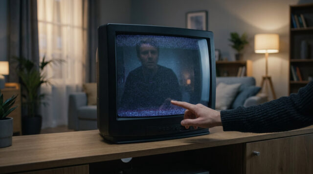Netflix et les anciens appareils : fin du support Une main pointe un écran de télévision cathodique affichant de la neige statique et le reflet d'un homme.