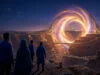 Quelle suite pour Clair Obscur: Expedition 33 ? Quatre personnages observent un portail énergétique circulaire brillant au-dessus d'un canyon rocheux sous un ciel étoilé.