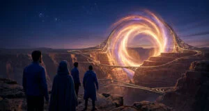 Quatre personnages observent un portail énergétique circulaire brillant au-dessus d'un canyon rocheux sous un ciel étoilé.