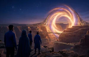 Quelle suite pour Clair Obscur: Expedition 33 ? Quatre personnages observent un portail énergétique circulaire brillant au-dessus d'un canyon rocheux sous un ciel étoilé.