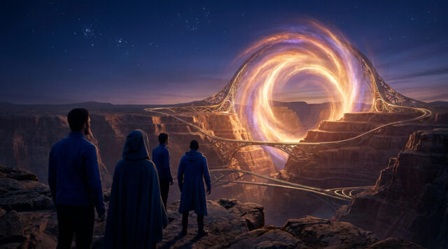 L’univers mystérieux de Clair Obscur : Expedition 33 Quatre personnages observent un portail énergétique circulaire brillant au-dessus d'un canyon rocheux sous un ciel étoilé.