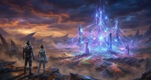 Deux personnages en armure futuriste contemplent une structure technologique irradiant des faisceaux lumineux bleus.