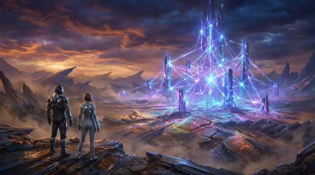 Solo Leveling : Beyond the System - Premier aperçu Deux personnages en armure futuriste contemplent une structure technologique irradiant des faisceaux lumineux bleus.