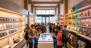 Clients dans un magasin de jeux vidéo avec des étagères de jeux, des consoles PlayStation et des figurines.