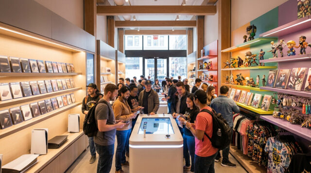 Clients dans un magasin de jeux vidéo avec des étagères de jeux, des consoles PlayStation et des figurines.