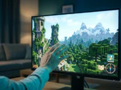 Une main touche un écran d'ordinateur affichant un paysage de jeu cubique style Hytale dans un salon.