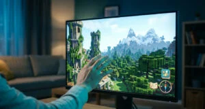 Une main touche un écran d'ordinateur affichant un paysage de jeu cubique style Hytale dans un salon.