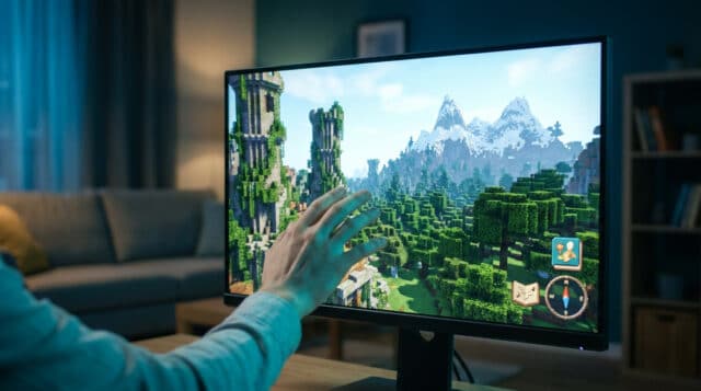 Hytale : S'inscrire à la bêta fermée Une main touche un écran d'ordinateur affichant un paysage de jeu cubique style Hytale dans un salon.