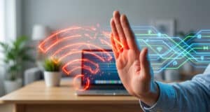 Une main faisant un signe d'arrêt devant une icône Wi-Fi rouge numérique flottant sur un bureau.