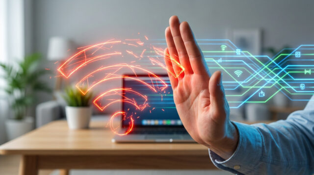 Bloquer un intrus sur votre réseau Wi-Fi Une main faisant un signe d'arrêt devant une icône Wi-Fi rouge numérique flottant sur un bureau.
