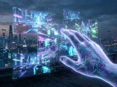 Faux trailers GTA 6 : Take-Two fait le ménage sur YouTube Une main cybernétique interagit avec des écrans holographiques affichant une ville futuriste.