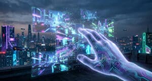 Une main cybernétique interagit avec des écrans holographiques affichant une ville futuriste.