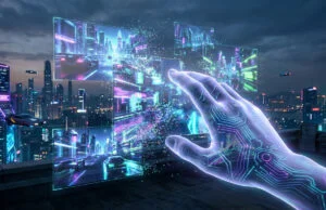 Une main cybernétique interagit avec des écrans holographiques affichant une ville futuriste.
