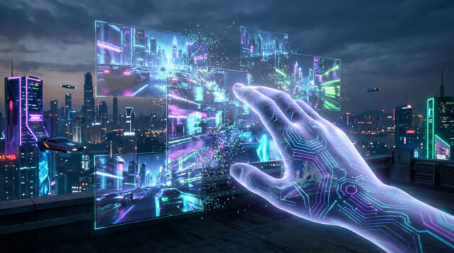 Immersion dans le futur de GTA 6 Une main cybernétique interagit avec des écrans holographiques affichant une ville futuriste.