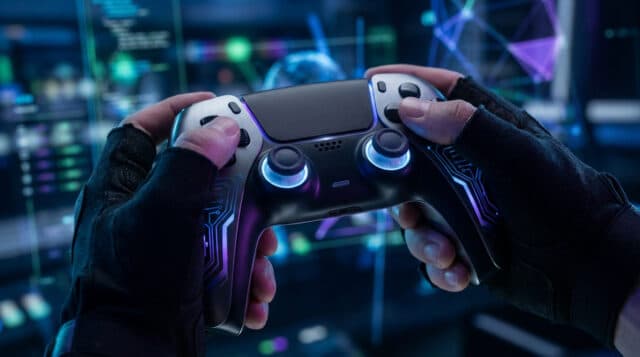 DualSense 2 : Le futur de la manette PS6 Mains portant des gants techniques tenant une manette futuriste devant un écran rempli de données numériques.
