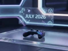 Une manette de jeu sur une table en verre avec un affichage holographique indiquant JULY 2026 et des icônes gaming.
