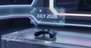 Une manette de jeu sur une table en verre avec un affichage holographique indiquant JULY 2026 et des icônes gaming.