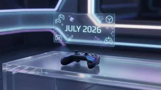 PS Plus : Les jeux gratuits de juillet 2026 Une manette de jeu sur une table en verre avec un affichage holographique indiquant JULY 2026 et des icônes gaming.