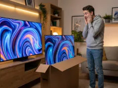 Erreur livraison Amazon doublon : vos droits et devoirs en 2026 Un homme surpris devant deux téléviseurs identiques dans son salon, l'un installé et l'autre encore dans son carton.