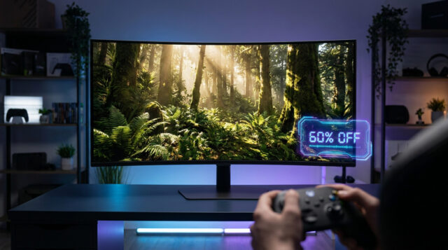 Promo Metal Gear Solid Delta : 60 % de réduction Un joueur utilisant une manette devant un écran incurvé affichant une forêt et une promotion de 60 % de réduction.