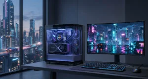 Setup PC gamer haut de gamme sur un bureau avec un écran affichant un paysage urbain futuriste de style GTA 6.