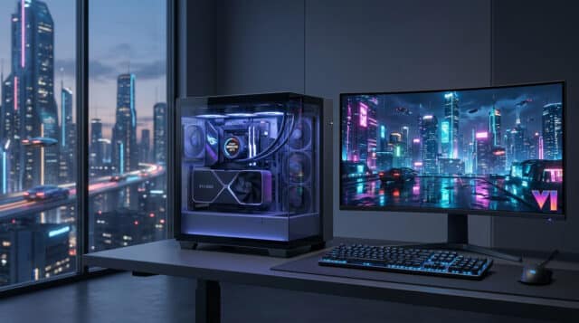 Config PC Gaming : Prêt pour GTA 6 en 4K Ultra ? Setup PC gamer haut de gamme sur un bureau avec un écran affichant un paysage urbain futuriste de style GTA 6.