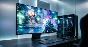 Configuration de jeu PC haut de gamme avec un écran large affichant un jeu d'action intense et des effets de particules.