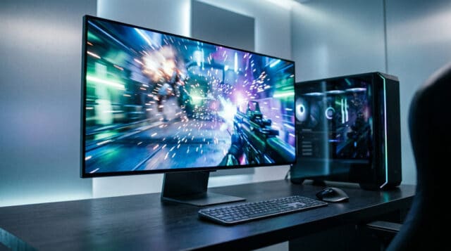 Configuration de jeu PC haut de gamme avec un écran large affichant un jeu d'action intense et des effets de particules.